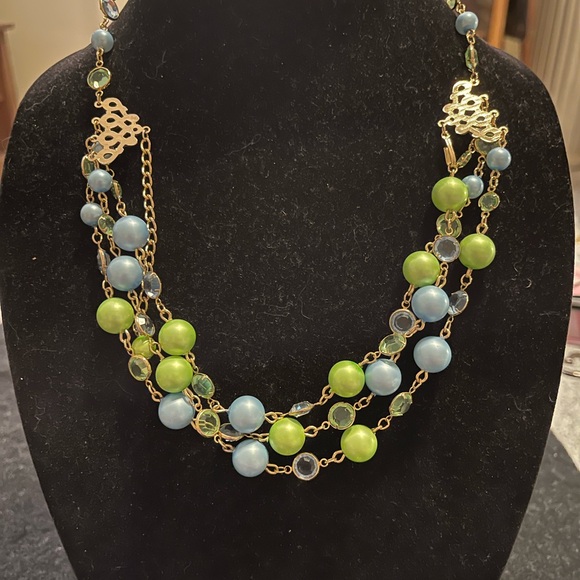 Gold tone Green and Light Blue Crystal Necklace and Matching Earrings Set - Picture 2 of 8